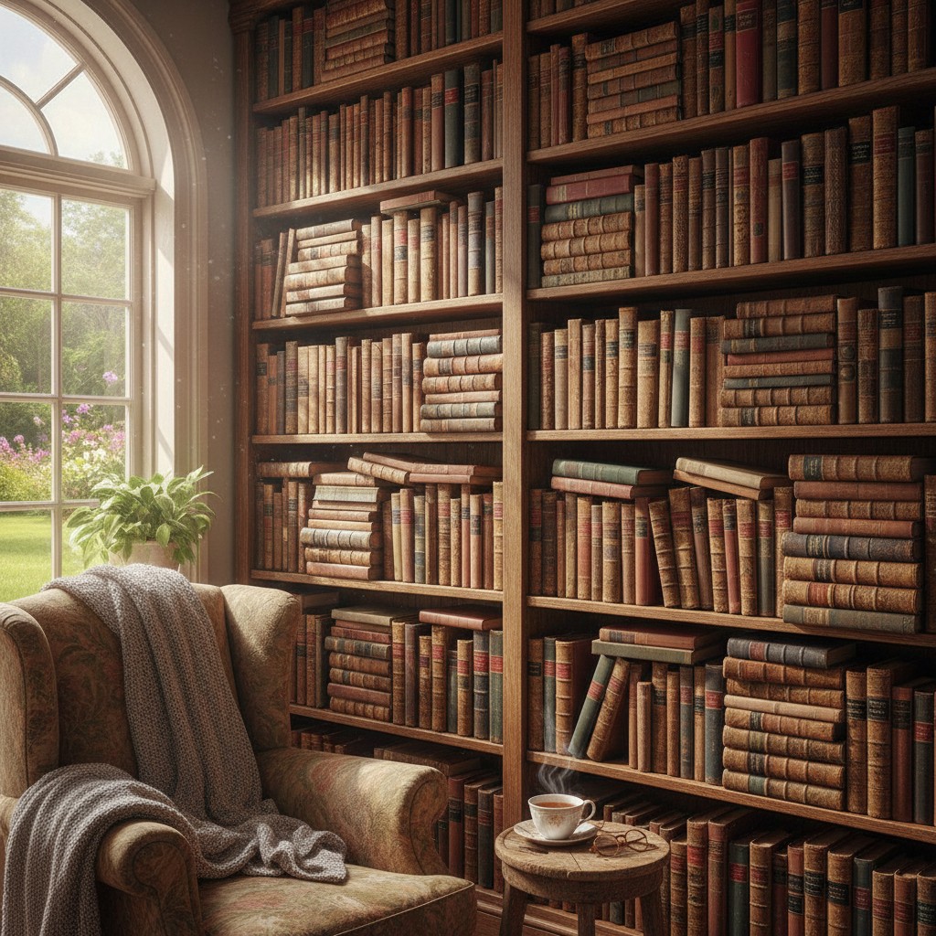 A cozy reading nook with a large bookshelf, a chair, and a cup of tea.
